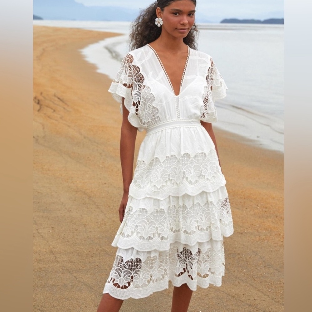 Farm Rio Off White Richelieu Midi Dress White Tiered Lace M